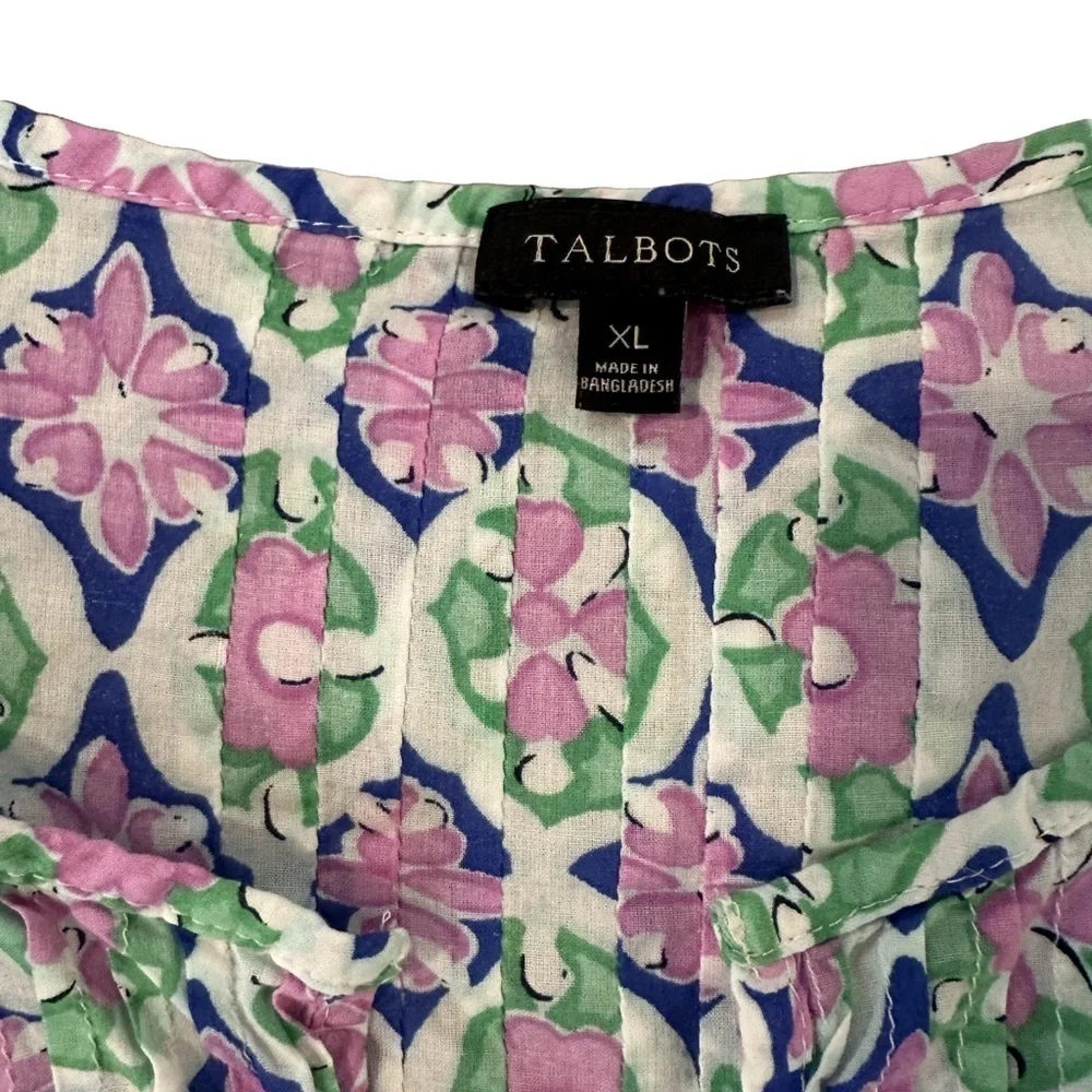 Talbots White Pink Floral Puff Sleeve Mandarin Collar Blouse